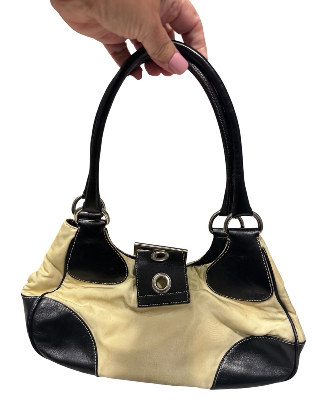 Prada Tessuto Moon Cream and Black Leather-Trim Shoulder Bag with Buckle Accent - Picture 2 of 7